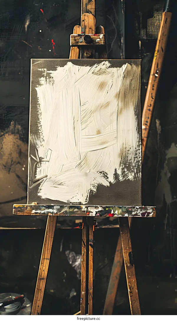Abstract White Paint Canvas on Wooden Easel in Art Studio