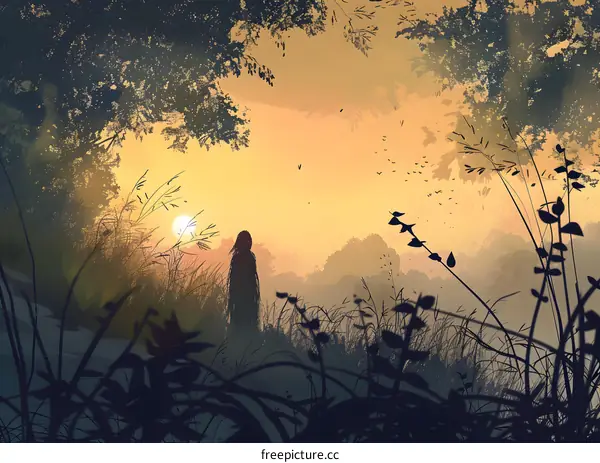 Silhouette of a Woman Standing in a Field at Sunset