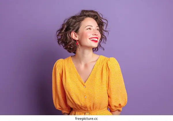 Smiling Woman in a Yellow Dress Against a Purple Background