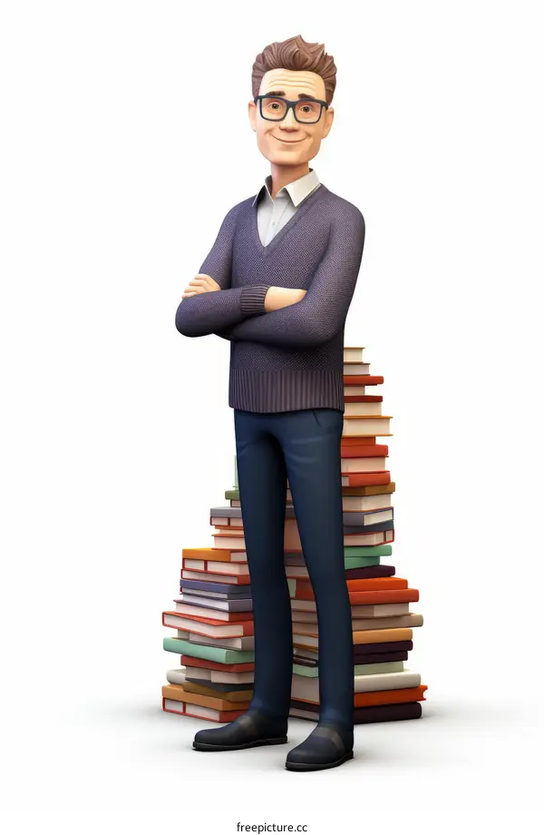 professor standing next to a stack of books