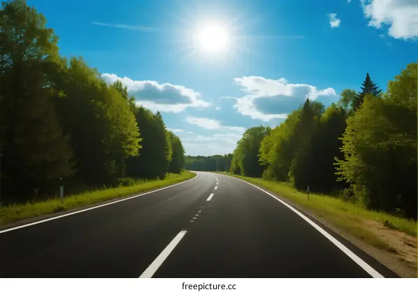 A sunny road surrounded by lush green trees under a clear blue sky