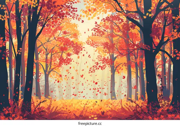 Autumn Forest with Falling Leaves Illustration