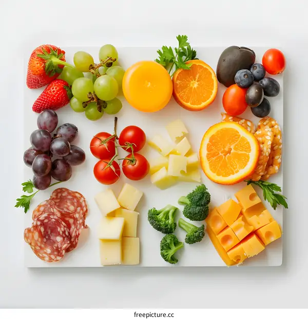 Colorful Food Platter with Cheese, Fruit, and Vegetables