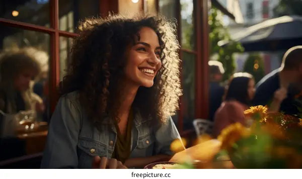A young woman with curly hair is sitting at a table in a restaurant smiling