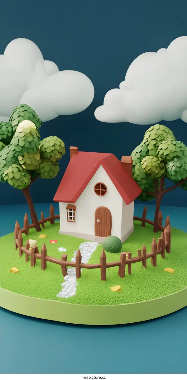Cute 3D Cartoon Illustration of a Small House with a Red Roof