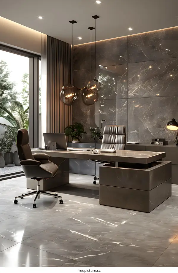 Modern office interior design with marble walls and dark wood furniture