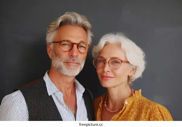 Elegant senior couple with gray hair and eyeglasses posing together