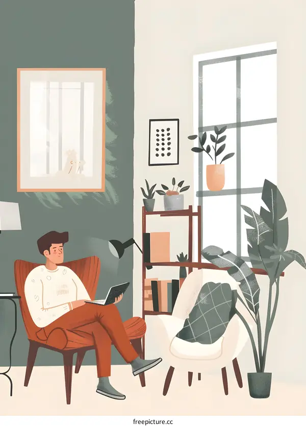 Man Sitting in Armchair with Laptop in Living Room