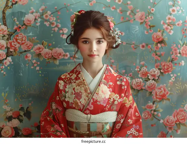 Portrait of a young woman in a red kimono with floral pattern