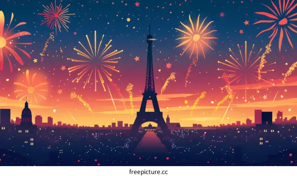 Eiffel Tower Fireworks Night Sky Cityscape Illustration