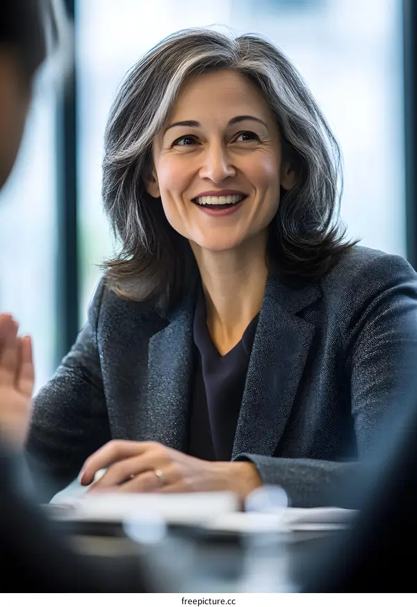 Smiling Businesswoman in Meeting Talking to Colleague