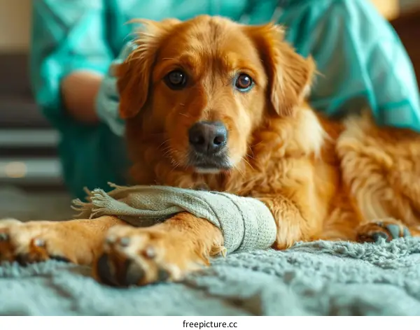 Injured Golden Retriever Dog Lying on the Floor with Bandaged Paw