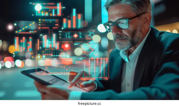 Businessman analyzing data on digital tablet with futuristic UI