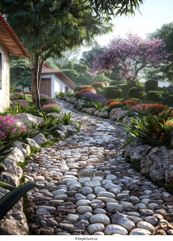 Stone Pathway Winding Through a Lush Garden