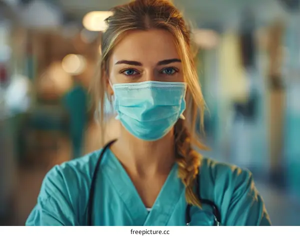 Portrait of a confident female doctor or nurse wearing a facial mask