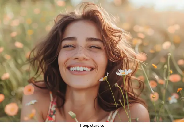 Happy Woman Surrounded by Flowers