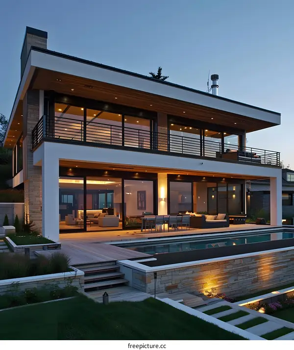 Modern House with Pool and Deck at Dusk