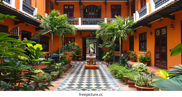 Tropical Courtyard Garden With Orange Walls and Black Accents