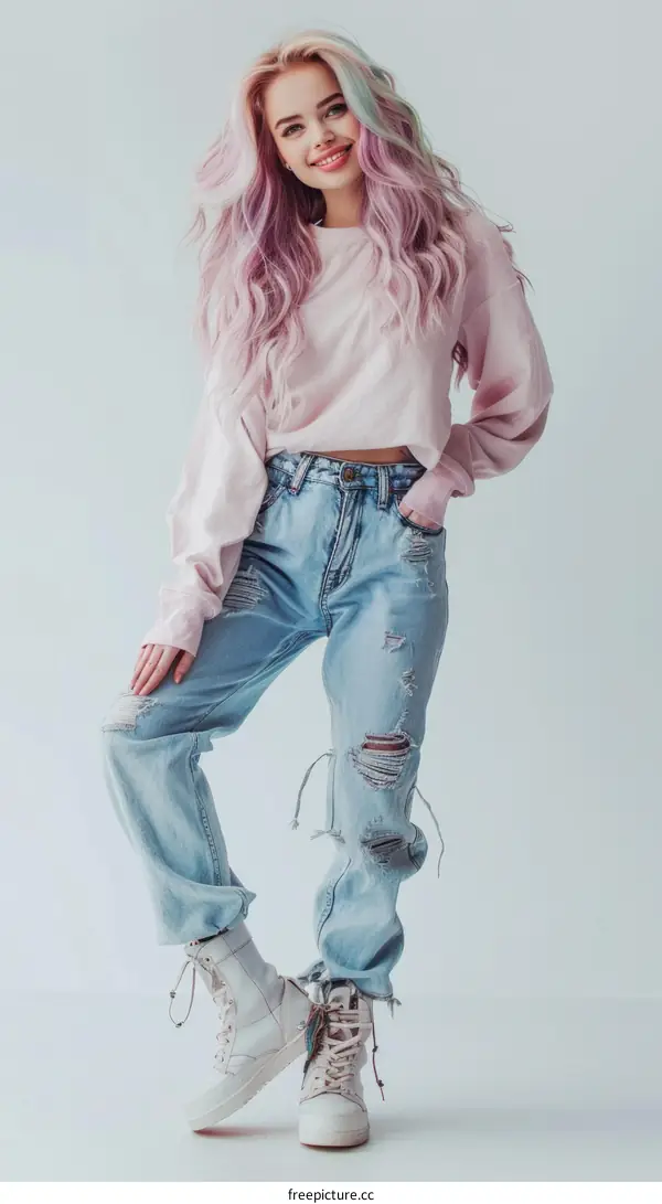 Fashion model with pastel pink hair wearing baggy clothes