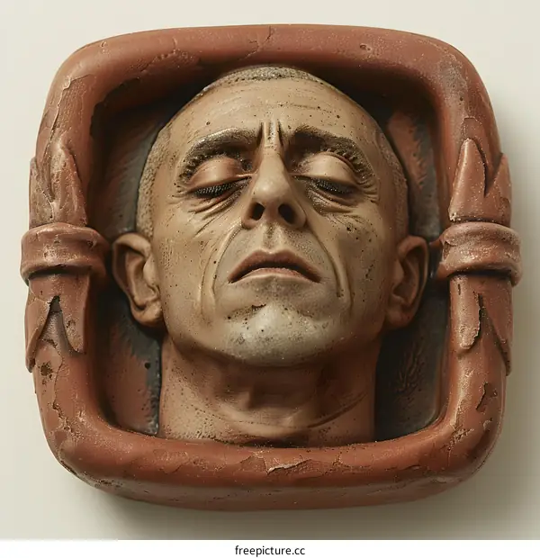 A ceramic head sculpture with closed eyes and a red frame
