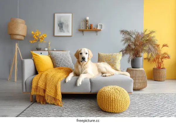 Modern Living Room with Yellow Accents and Dog