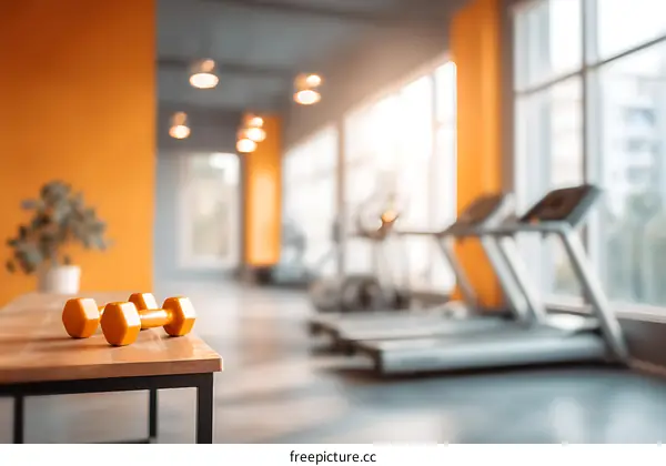 Fitness Gym Interior with Orange Dumbbells on a Table