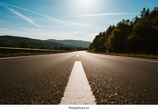 A sunny road stretching into the distance with trees and mountains on both sides