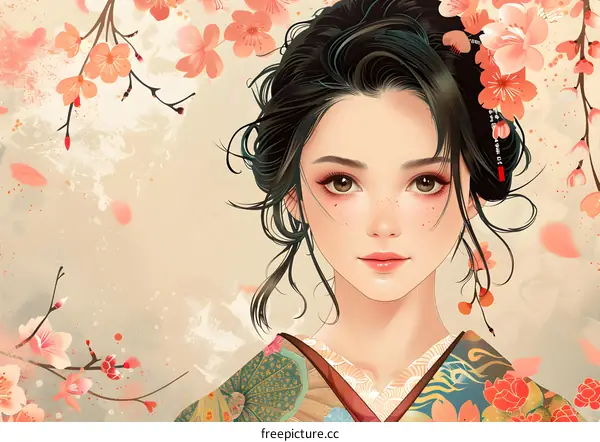 An illustration of a beautiful Japanese woman in a kimono with cherry blossoms in the background