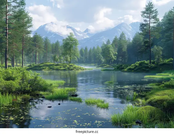 Tranquil Mountain Lake in Valley with Lush Greens and Snowy Peaks
