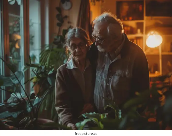 An elderly couple is taking care of their indoor plants.