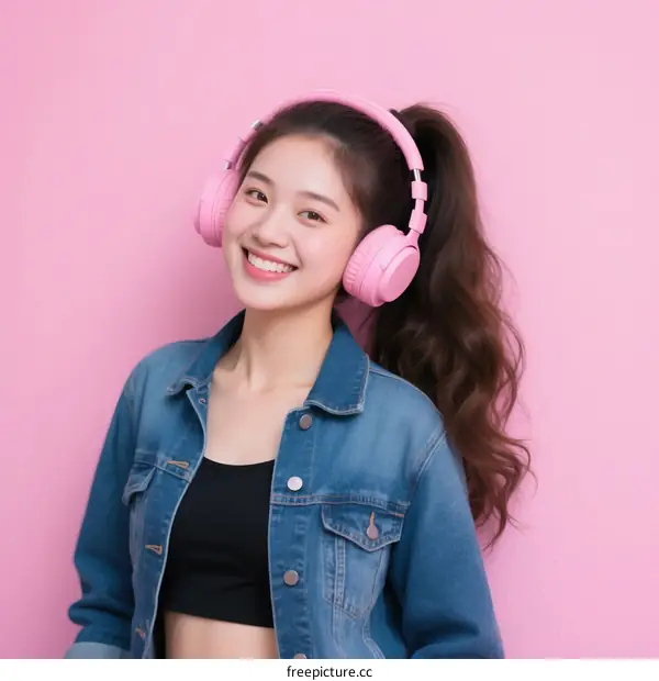 Young Woman Wearing Pink Headphones and Denim Jacket