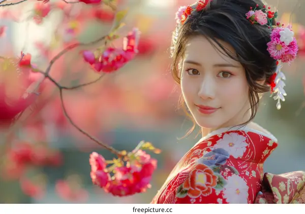 Portrait of a young woman in a kimono standing in a field of cherry blossoms