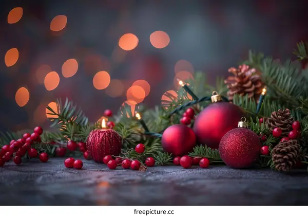 Red and green Christmas ornaments with pine cones and holly berries