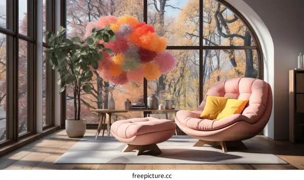 A pink velvet armchair and ottoman sit in front of a large window looking out onto an autumn forest.