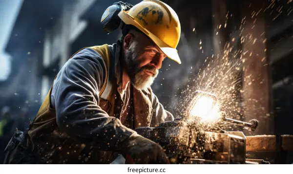 Bearded man wearing a hard hat and safety vest using a grinder