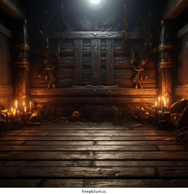 Dark Fantasy Wooden Room with Candles and Skulls