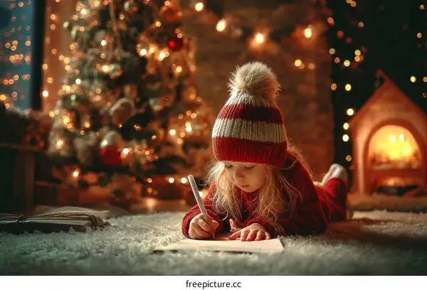 Christmas Eve Letter Writing by a Little Girl