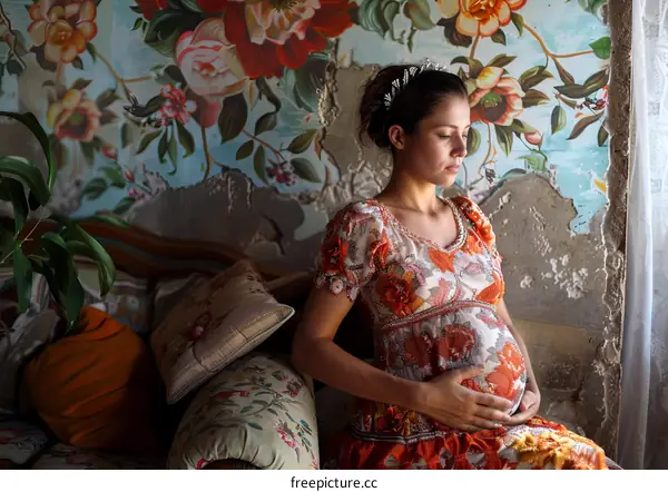 Pregnant woman sitting in a vintage interior