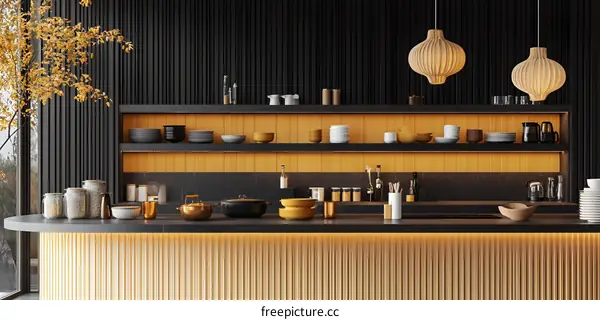 Modern Kitchen Interior Design With Black And Yellow Colors