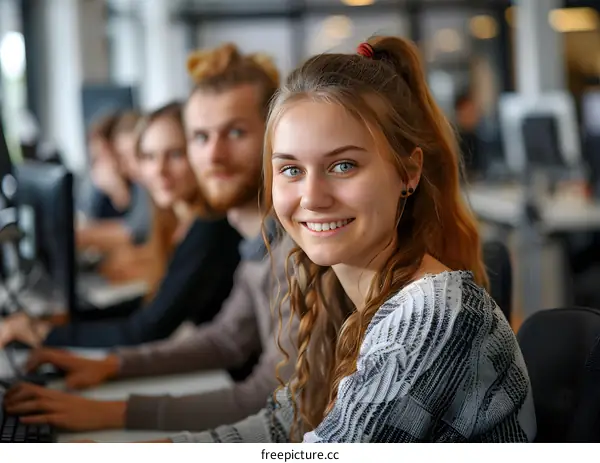 portrait of a young woman smiling with three people blurred in the background