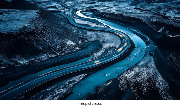 Aerial View of Winding Road and River in Dark Landscape