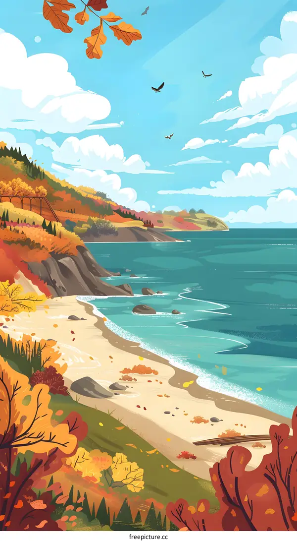 Autumn Landscape with Coastline and Birds