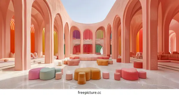 Playful Interior Design with Colorful Archways and Seating