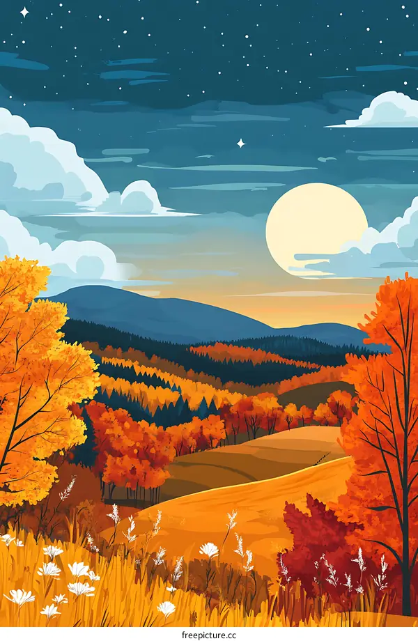 Autumn Landscape With Mountains And Full Moon In Night Sky