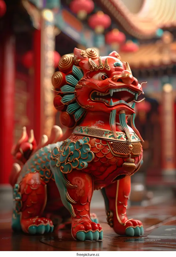 A red stone lion statue with green and gold accents.