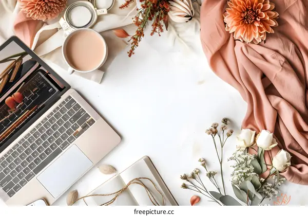 Flat Lay With Laptop Flowers And Coffee On White Background