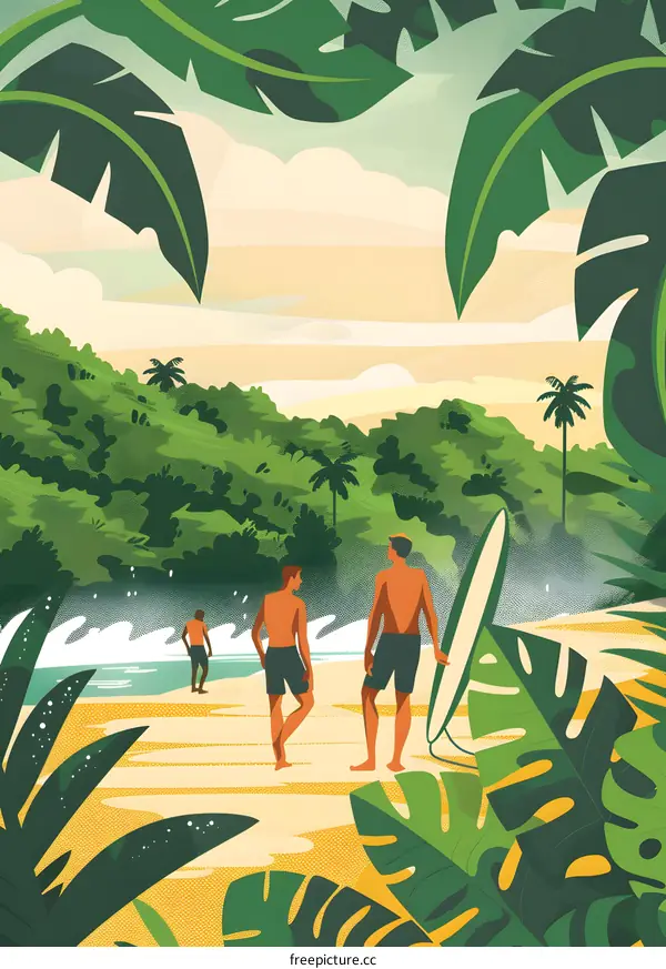 Tropical Beach Scene with Surfers