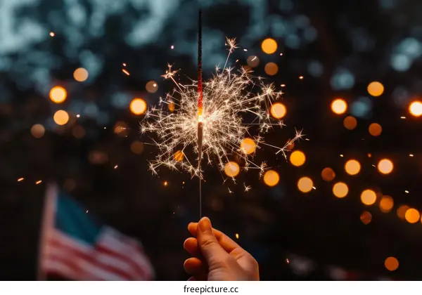 Hand holding a lit sparkler on the background of American flag at night