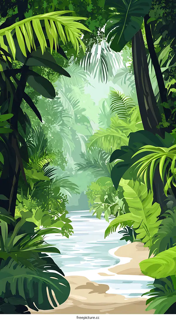 Tropical Rainforest Jungle Illustration with Lush Greenery and River
