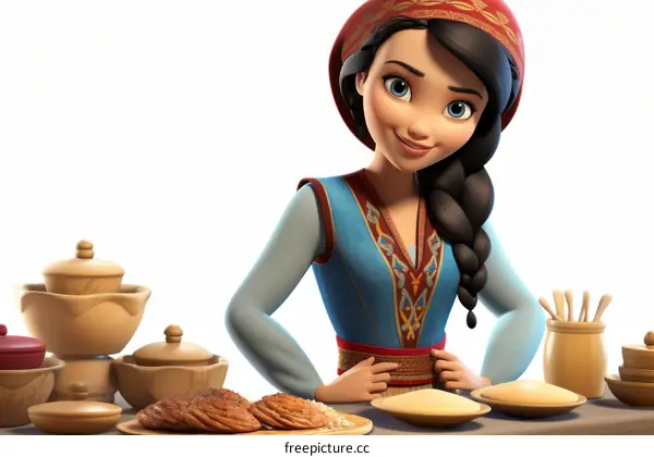 A young woman in a blue dress and red headscarf is standing in front of a table full of food.